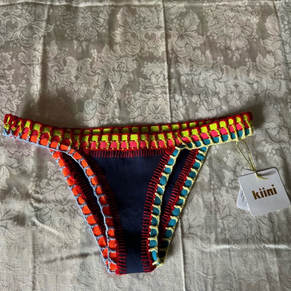 Women’s anthropologie navy multi neon bikini bottom Size M